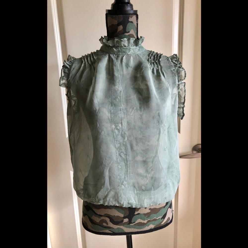 Free People Ruffle Neck Water Color Sleeveless Blouse